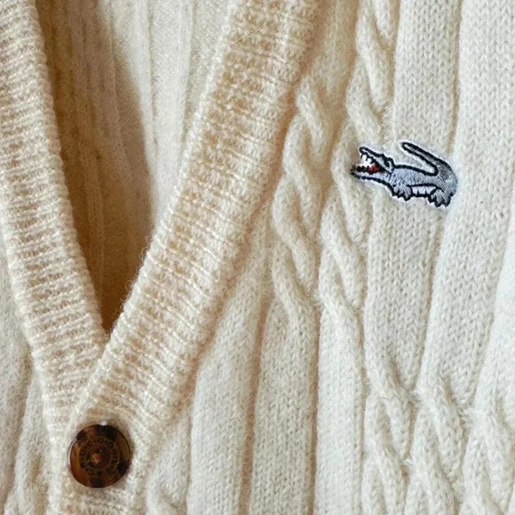 Vintage cream cable  knit Crocodile logo embroidered 100% soft wool cardigan - Picture 4 of 7